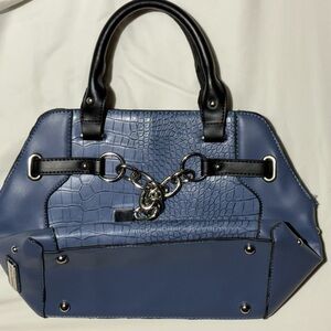 Adrienne Vittadini Blue Croc Embossed Satchel Handbag w/ Chain Detail